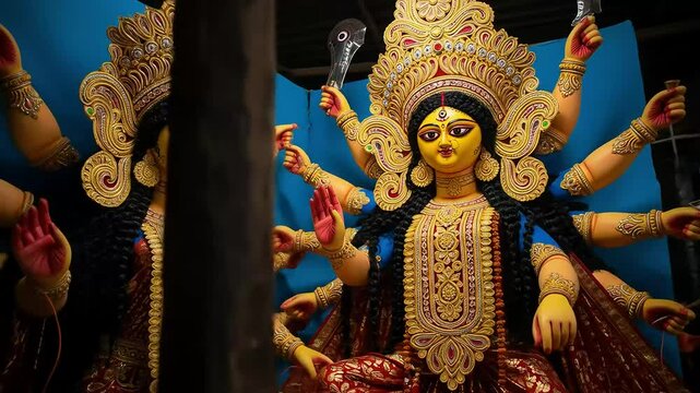 Ornate Golden Statue of Hindu Goddess Durga in Traditional Attire with Multiple Arms Against Dark Background