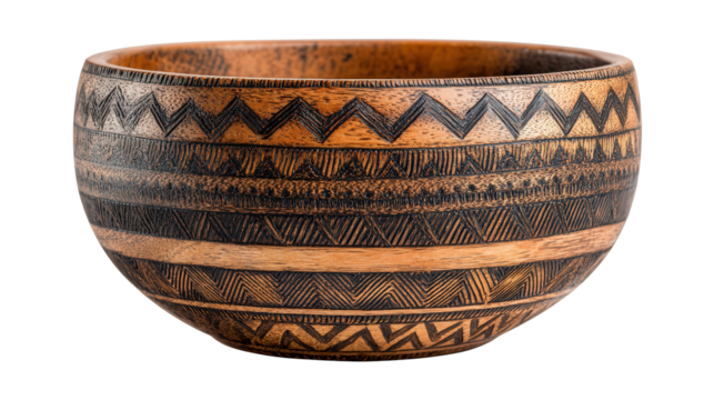 Wooden bowl with tribal patterns background isolated on a Transparent background, PNG file. - Powered by Adobe