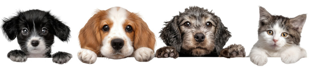 4 cute dogs and cats peeking over the edge of a white banner, png, transparent