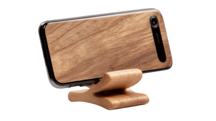 Wooden clip-on phone holder background isolated on a Transparent background, PNG file.