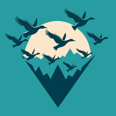 Birds in Flight – Silhouettes over Mountain and Moon Scene