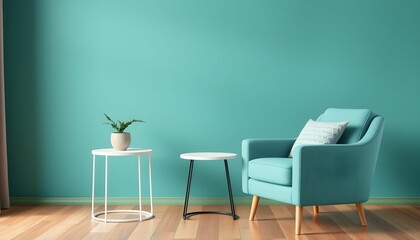 A modern living room scene featuring a teal armchair, small tables, and a plant.