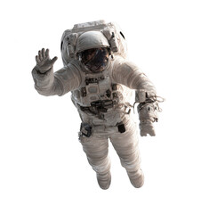 A detailed astronaut in a full space suit, floating and waving to the camera, isolated on a white background, png, transparent