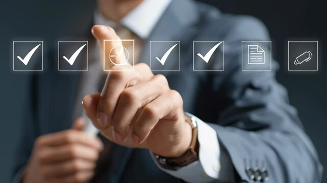 Digital procurement technology with touchscreen checkmark icons for business success approval and selection process ensuring efficient workflow
