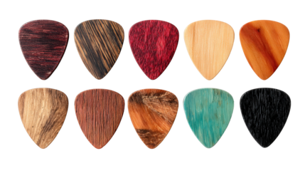 Wooden guitar pick set background isolated on a Transparent background, PNG file.