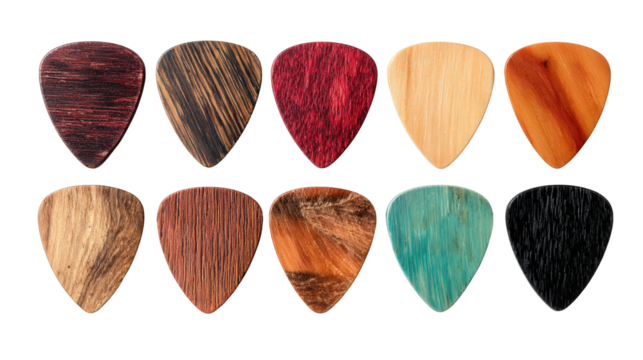 Wooden guitar pick set background isolated on a Transparent background, PNG file.