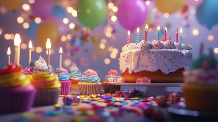 Happy birthday cake and cupcakes with candles and balloons party celebration festive dessert background silhouette