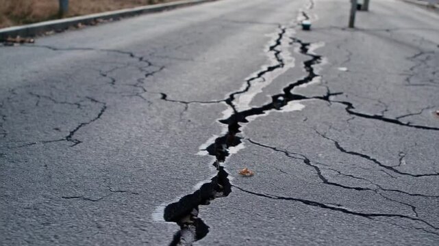 Massive Earthquake Cracks Asphalt Road Surface.
Close-up of deep cracks splitting asphalt road after massive earthquake disaster, symbolizing natural destruction.
