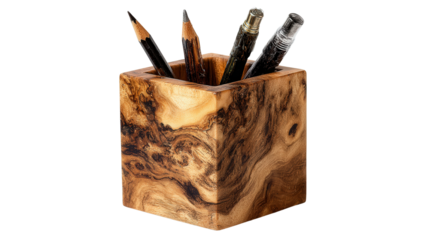 Wooden pen holder cube background isolated on a Transparent background, PNG file.
