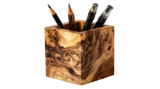 Wooden pen holder cube background isolated on a Transparent background, PNG file.