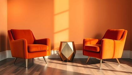 Two burnt orange armchairs face each other, flanking a geometric side table, bathed in sunlight against a vibrant orange wall.