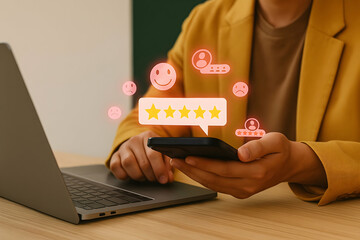 Customer Giving Five Star Rating on Mobile App Online Review and Feedback System