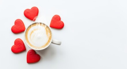 Romantic Coffee Break A Cappuccino Surrounded by Red Hearts for Valentine's Day, Sweet Love and Cozy Moments