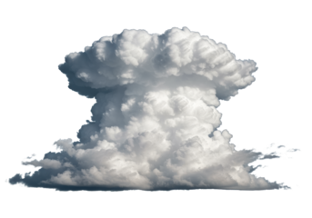 Colossal cumulonimbus cloud with dramatic light and shadow, soft textures, and wispy cumulus clouds below, isolated on a transparent infinite background, concept of powerful natural beauty