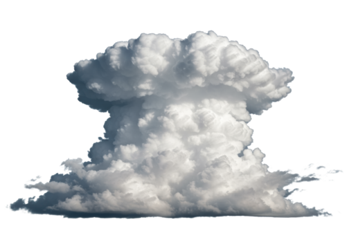 Colossal cumulonimbus cloud with dramatic light and shadow, soft textures, and wispy cumulus clouds below, isolated on a transparent infinite background, concept of powerful natural beauty