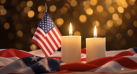 Remembering Patriot Day A 9/11 Tribute with Candles and the American Flag to Honor the Fallen.