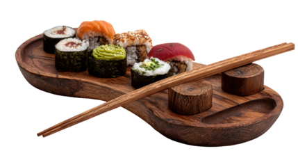 Wooden sushi plate with chopstick rest background isolated on a Transparent background, PNG file.