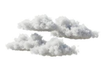 A cluster of soft, volumetric white and subtle grey clouds, distinct, suspended, isolated on a pure transparent background with diffuse light, serene concept of vast open space