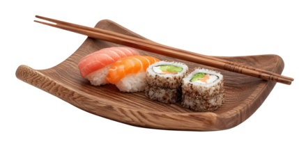 Wooden sushi plate with chopstick rest background isolated on a Transparent background, PNG file.