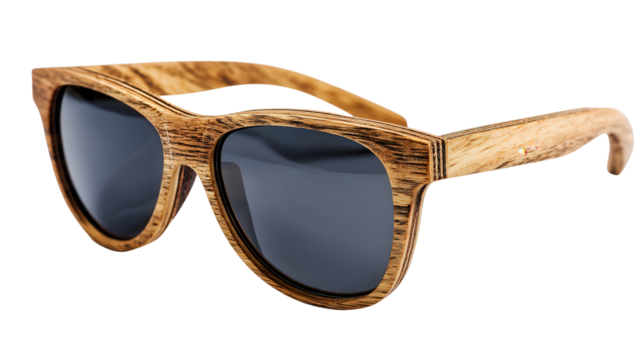 Wooden sunglasses with dark lenses background isolated on a Transparent background, PNG file.