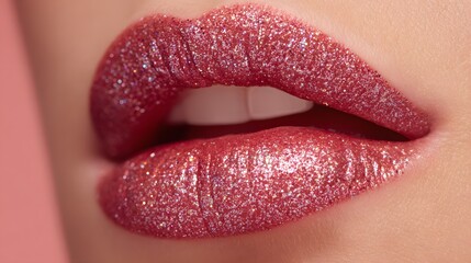 Close up of glossy, sparkling red lips displaying fashionable beauty trends