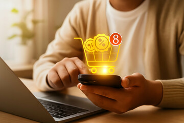 Man Using Mobile App for Online Shopping with Discount Notifications Mobile Shopping