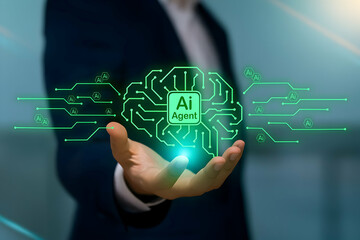 AI Agent Technology in Business Hand Representing Artificial Intelligence Network System Innovation