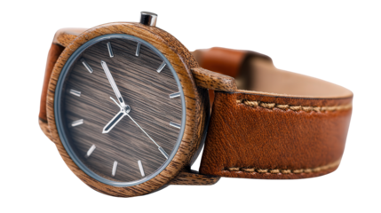 Wooden watch with leather strap background isolated on a Transparent background, PNG file.