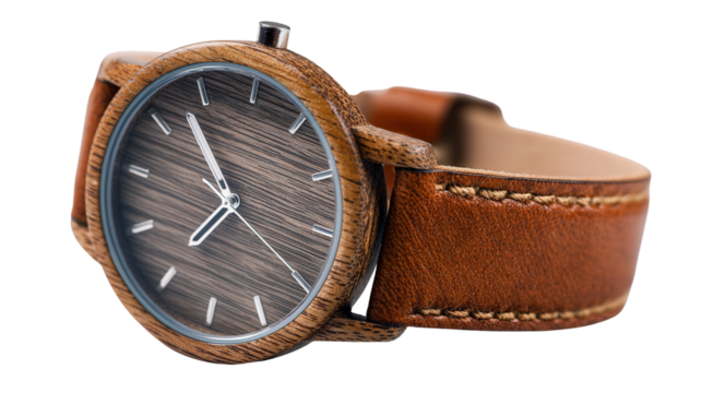 Wooden watch with leather strap background isolated on a Transparent background, PNG file.