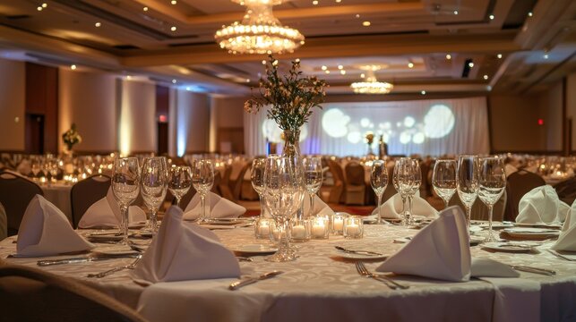 A corporate gala set up in a grand hotel ballroom with banquet tables and lighting