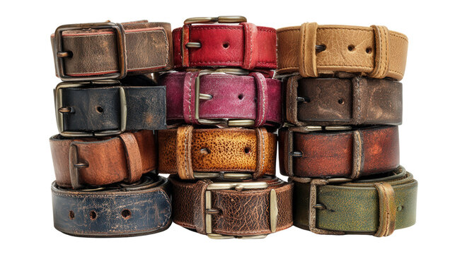 Worn leather belts bundled for recycling background isolated on a Transparent background, PNG file.