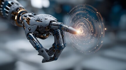 Robotic arm interfaces with a holographic display, touching digital information with advanced technology.