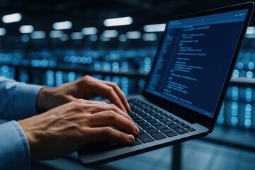 Programmer s hands typing code on a laptop in a modern server room with blurred blue lights
