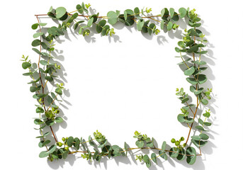 Delicate square frame is artfully constructed from fresh green eucalyptus branches and leaves, offering ample copy space against bright white background