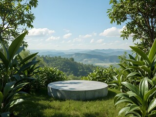 Sunlit Outdoor Podium with Tea Plants and Mountains