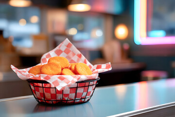 Fototapeta premium Basket filled with golden chicken nuggets on a checkered paper, placed on a vibrant countertop in a modern diner setting, evoking a sense of comfort food nostalgia