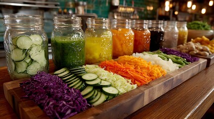 Clean kitchen countertop filled with sliced vegetables and whole fruits organized in rows for meal prep