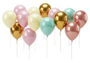 Pastel and metallic helium balloons with ribbons, on a white studio background, high-angle ultra-realistic UHD product photography, festive and celebratory birthday atmosphere
