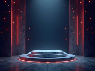 Red spotlight stage podium with curtains and vibrant casino-style lighting
