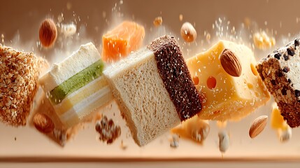 Assorted sliced and whole items floating in mid air over solid background for motion concept