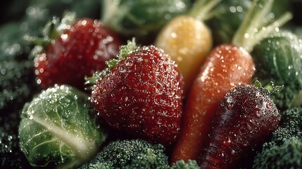 Brightly lit close up of various fresh produce with dewy surface and bold contrasting background