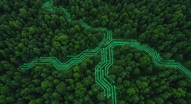 Digital circuit pattern overlaid on a lush green forest