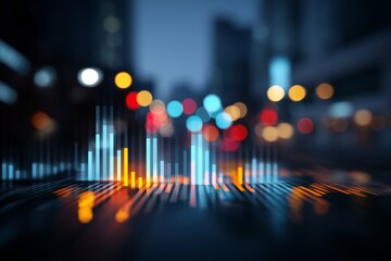 Dynamic Bar Graph Display with City Lights Background, Futuristic Data Analysis Visualization, Innovative Financial Chart Design, Metrics of Market Trend in Advanced Business Intelligence Concept 