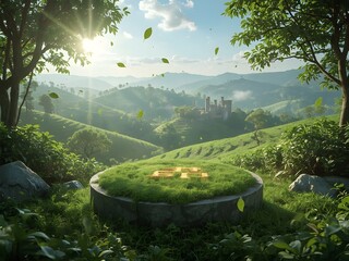 Garden with green trees and grass in a peaceful park landscape Podium