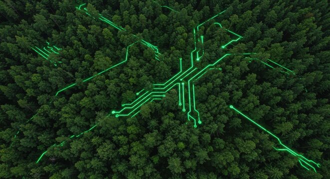 Aerial view of a digital circuit pattern across a vast forest