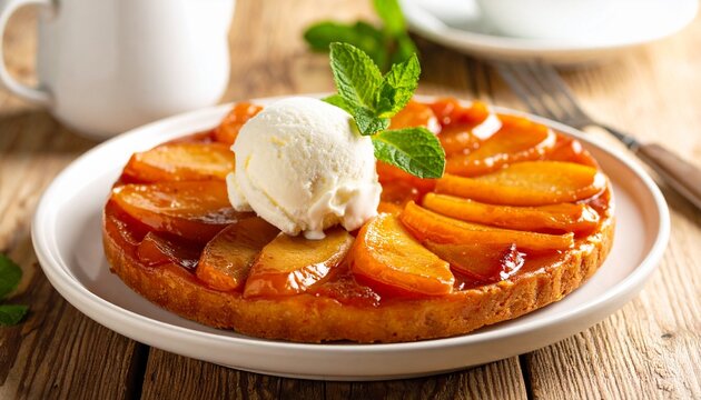 Delectable caramelized apple tart served with a scoop of vanilla ice cream and fresh mint.