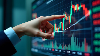 Business hand pointing at stock market chart with candlestick data, rising trend, ideal for forex, crypto, trading, and analytics use.