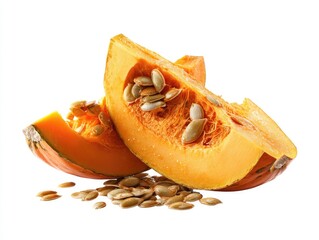 Two vibrant orange pumpkin slices, revealing seeds and moist flesh, rest on a white background; scattered seeds nearby