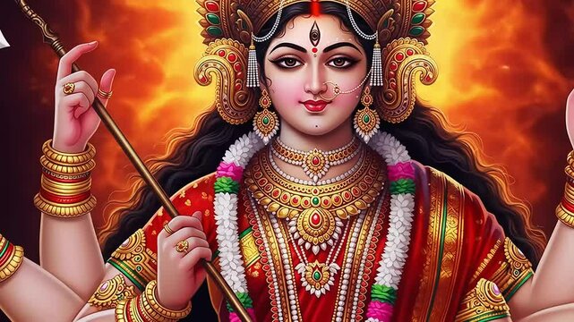 Majestic Portrait of Hindu Goddess with Gold Jewelry and Red Attire against Glowing Abstract Background