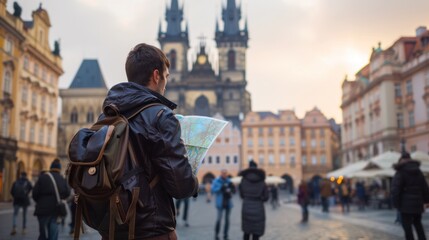 Tourist exploring old town square in prague